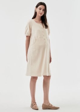 Buttoned Square Neck Maternity & Nursing Short Sleeve Dress - Cream