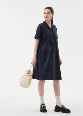 Collared Tie Waist Maternity & Nursing Short Sleeve Dress - Navy