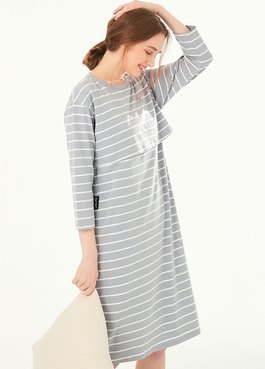 Striped Maternity & Nursing Pyjama Dress - Blue Grey