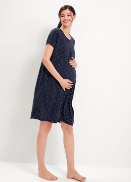Mickey Dotty Modal Maternity & Nursing Pyjama Dress - Navy