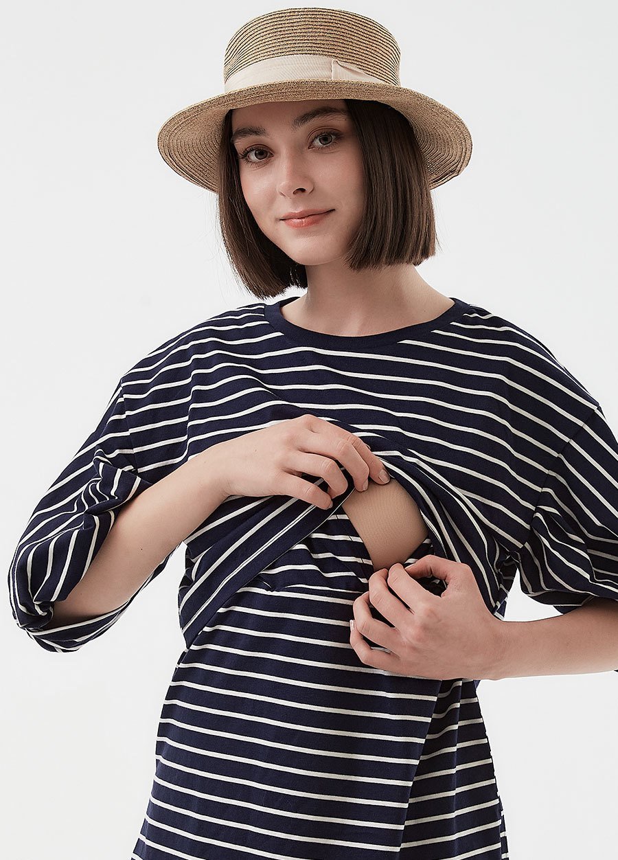 Striped Puff Sleeve Maternity & Nursing Top