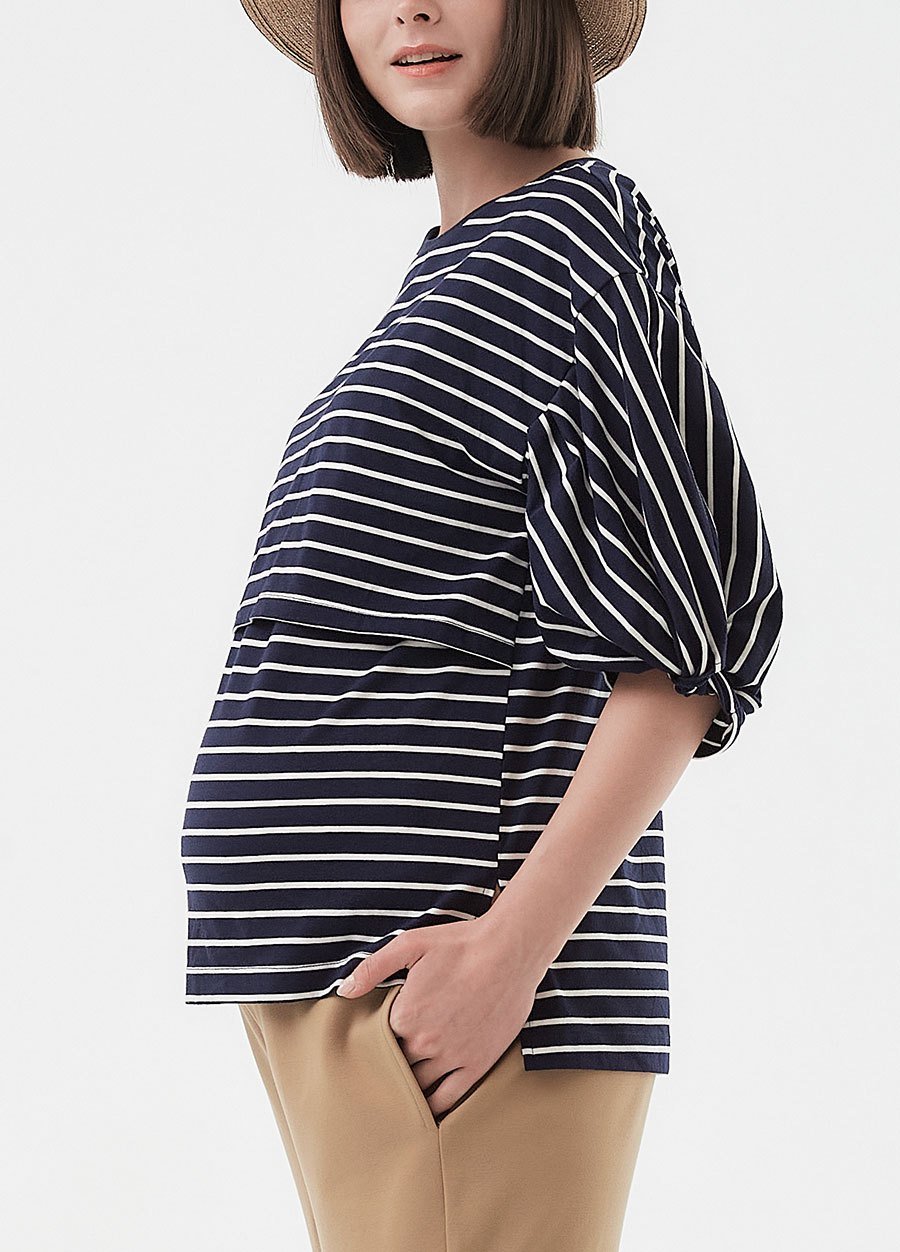 Striped Puff Sleeve Maternity & Nursing Top