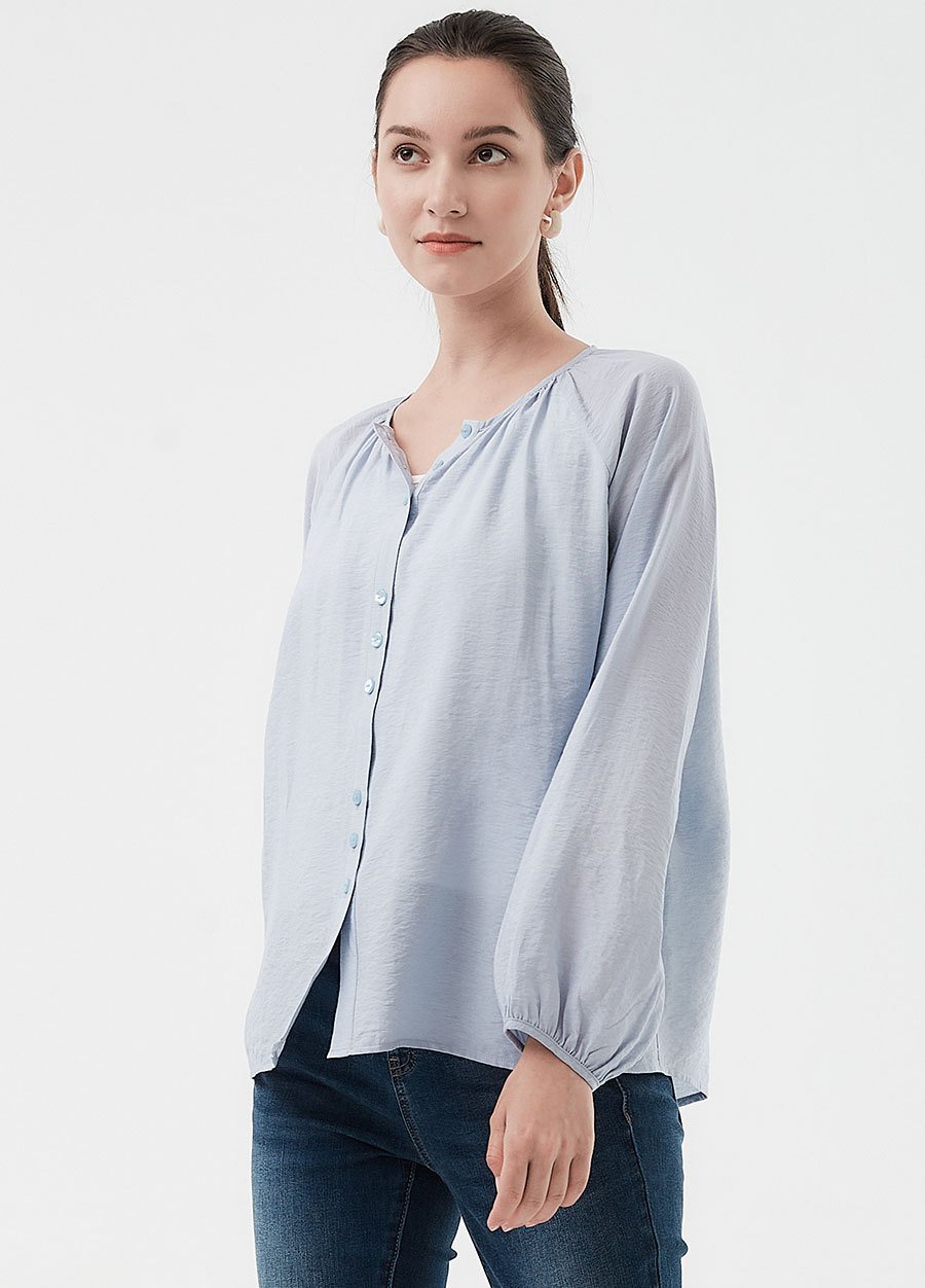 Pleated Round Neck Long Sleeve Maternity & Nursing Blouse