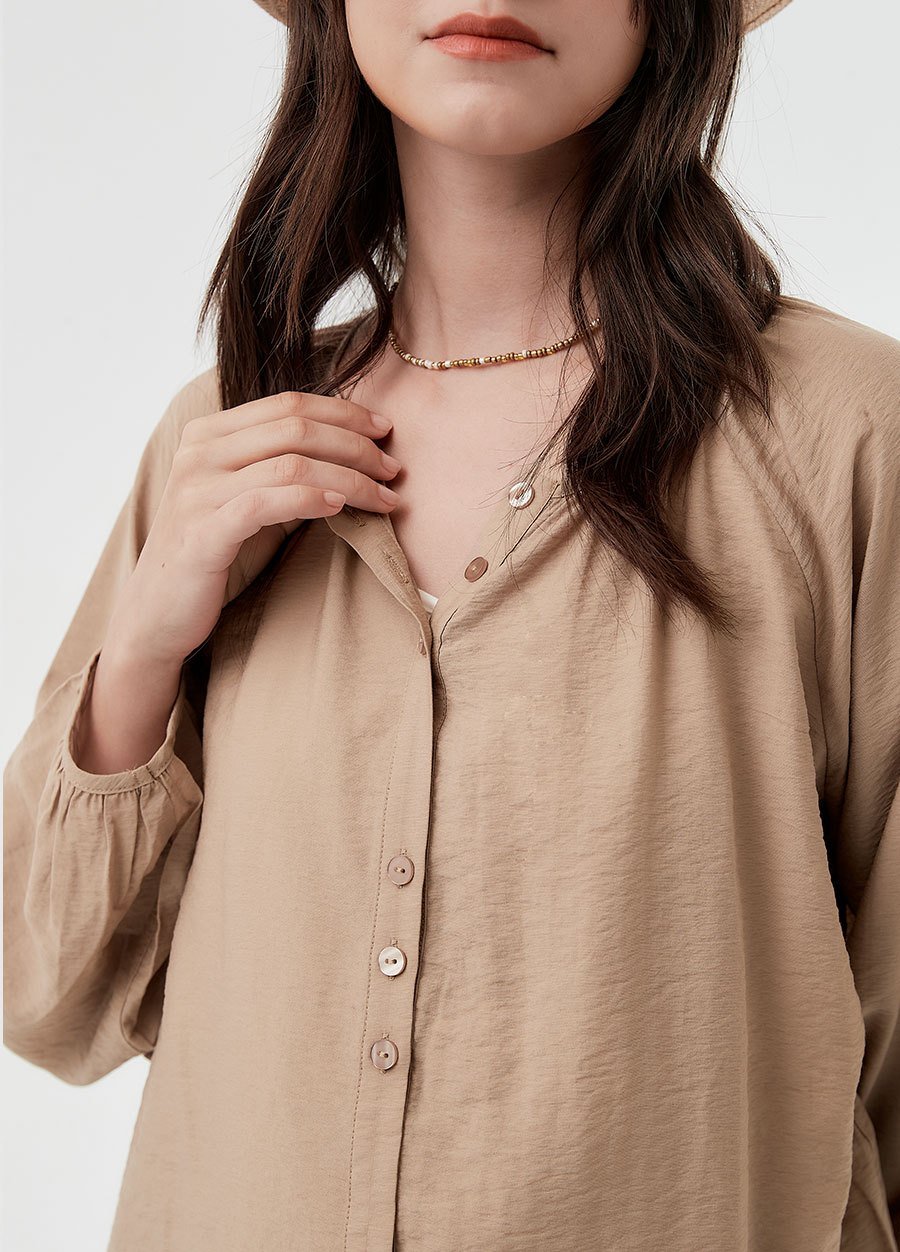 Pleated Round Neck Long Sleeve Maternity & Nursing Blouse