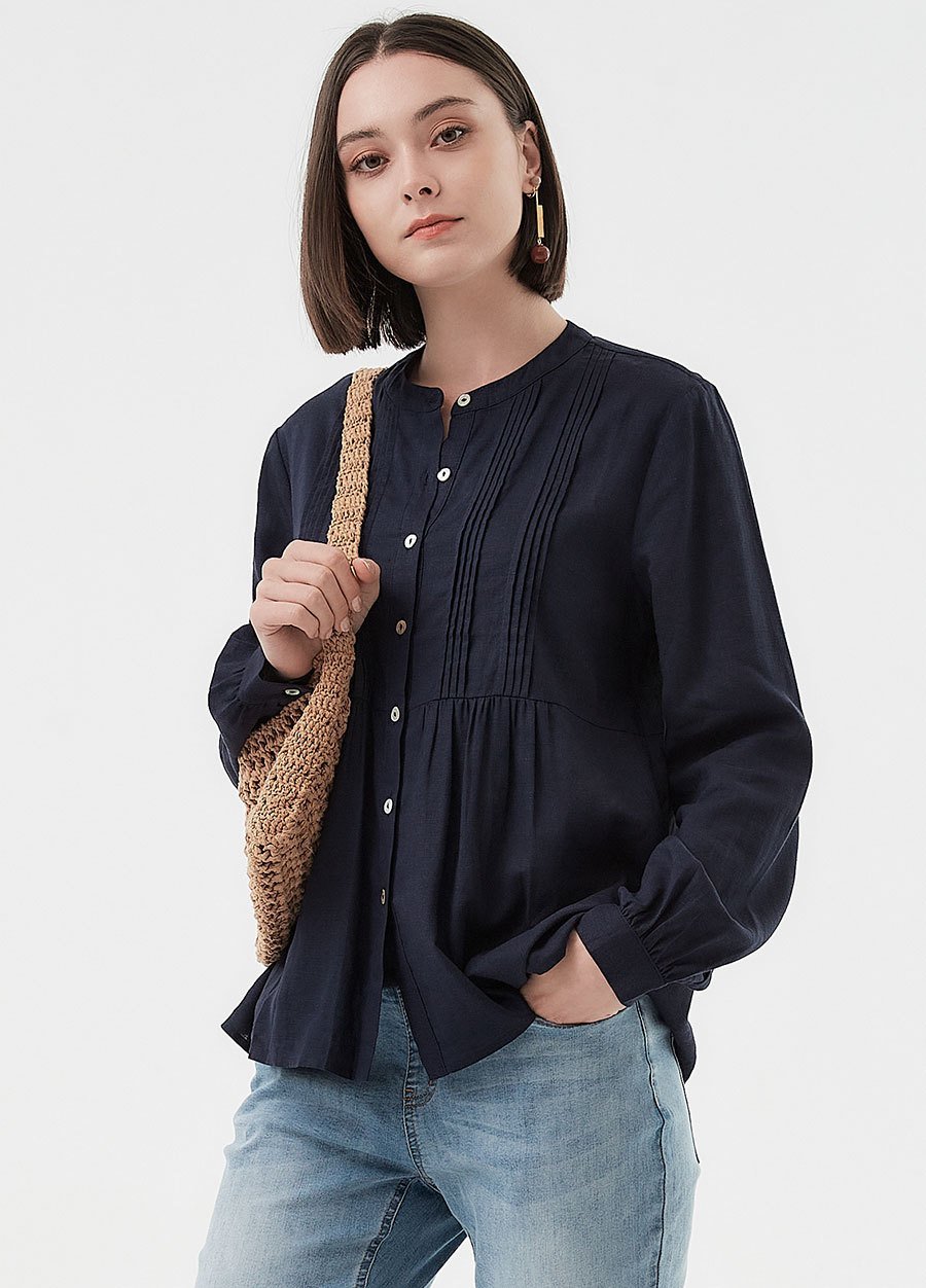 Emboss Pleated Long Sleeve Maternity & Nursing Shirt