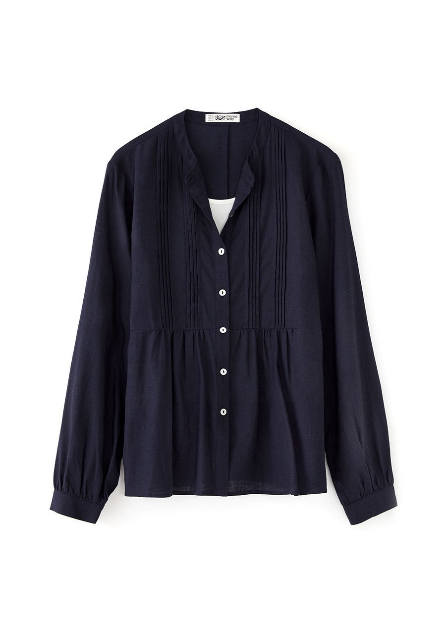 Emboss Pleated Long Sleeve Maternity & Nursing Shirt