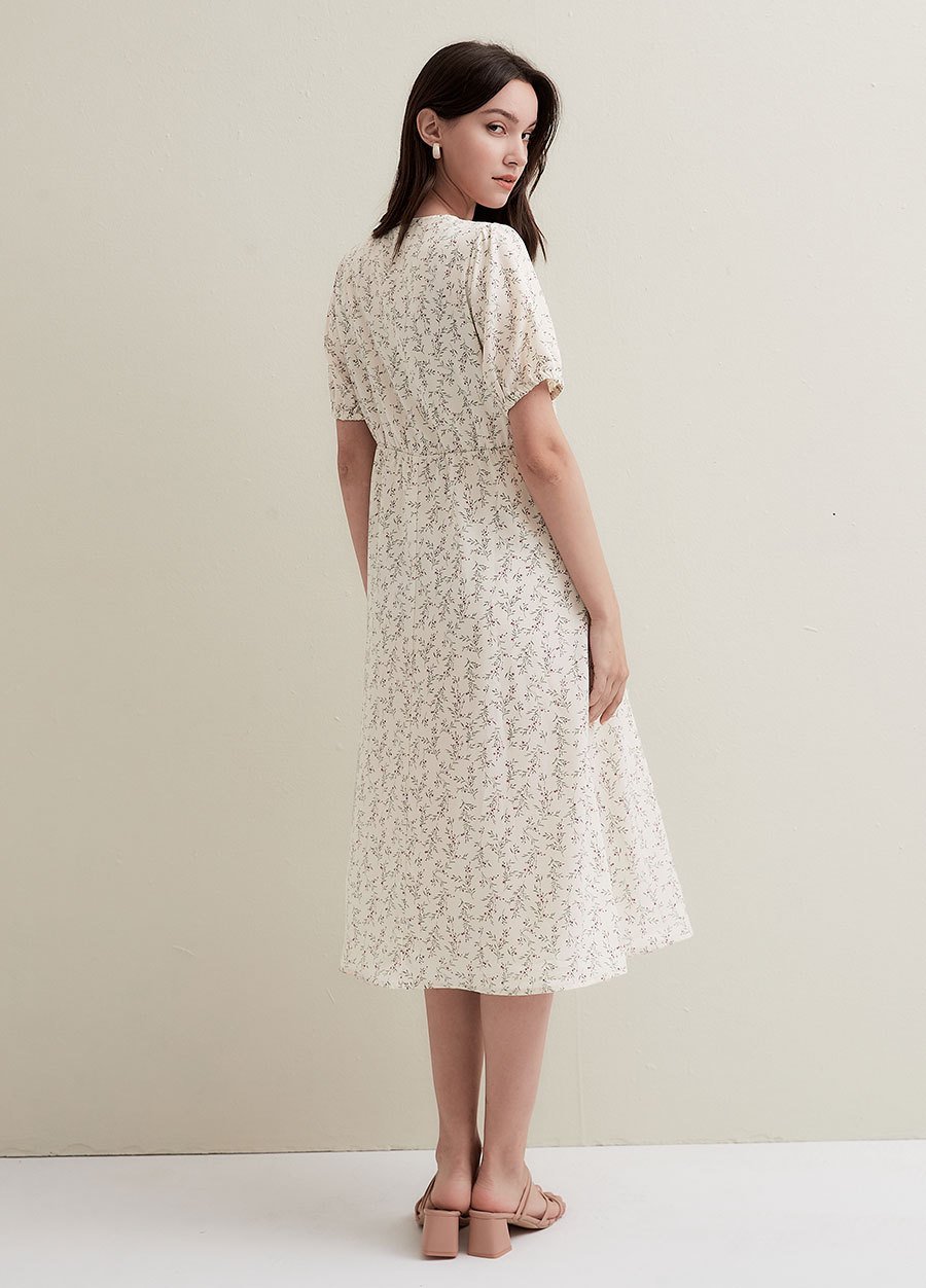 Floral Print Puff Sleeve Maternity & Nursing Dress