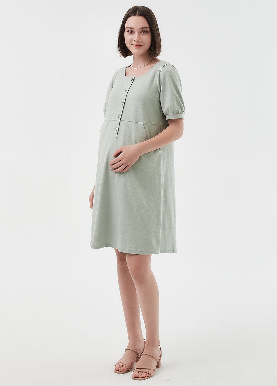 Buttoned Square Neck Maternity & Nursing Short Sleeve Dress