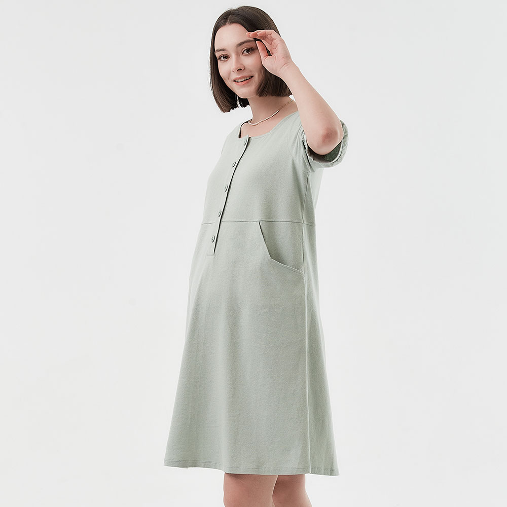 Buttoned Square Neck Maternity & Nursing Short Sleeve Dress 